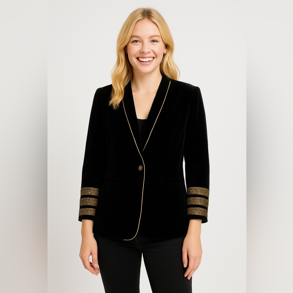 New Vintage Black Velvet Blazer Gantos Versace Gold Trim Sz 8 NWT